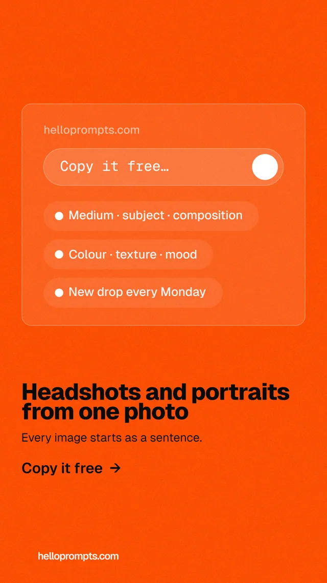 Instagram story for HelloPrompts: "Headshots and portraits from one photo". Turn card style, bottom layout, light palette in orange.