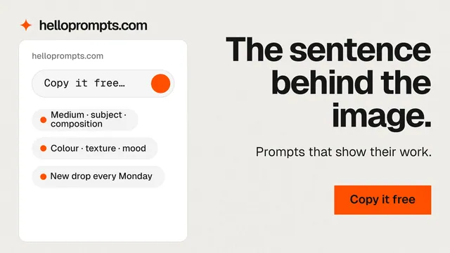 Landscape graphic for HelloPrompts: "The sentence behind the image." Swiss style, right layout, light palette in white, orange.