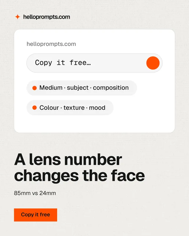 Instagram portrait post for HelloPrompts: "A lens number changes the face". Swiss style, bottom layout, light palette in white, grey.