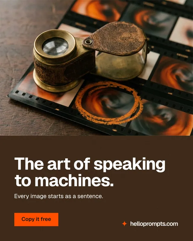 Instagram portrait post for HelloPrompts: "The art of speaking to machines." Swiss style, bottom layout, dark palette in orange, black, grey.