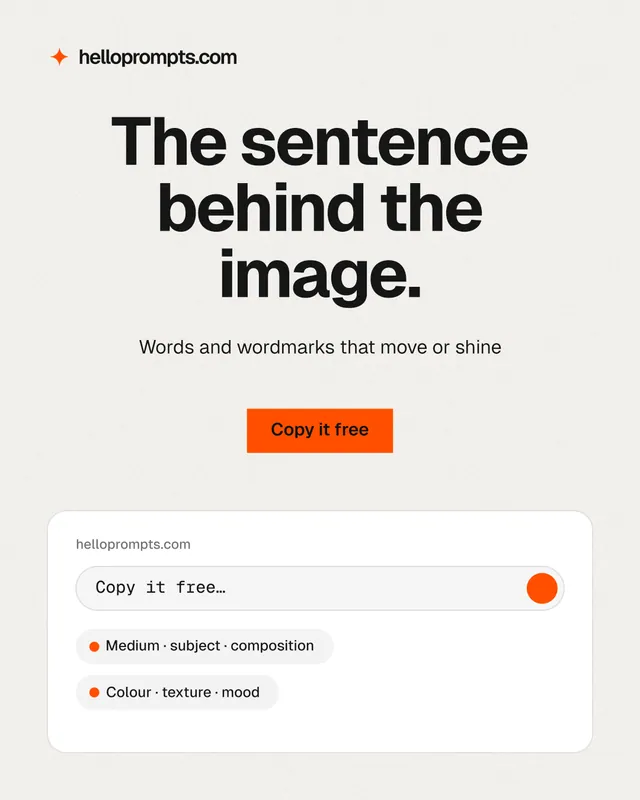 Instagram portrait post for HelloPrompts: "The sentence behind the image." Swiss style, centred layout, light palette in white, grey.