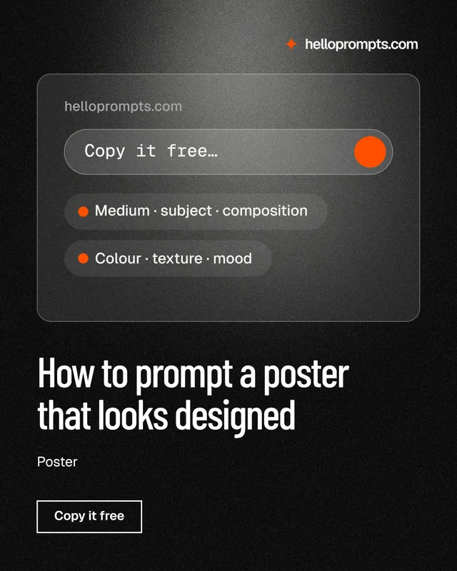 Instagram portrait post for HelloPrompts: "How to prompt a poster that looks designed". Dark deco style, bottom layout, dark palette in black, grey.