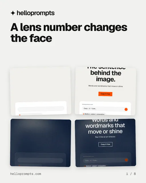 Carousel for HelloPrompts: "A lens number changes the face". Collection carousel, 8 slides, light palette.