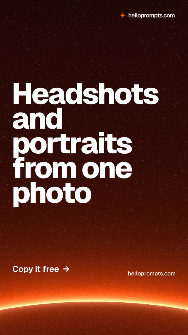 Instagram story for HelloPrompts: "Headshots and portraits from one photo". Turn card style, poster layout, dark palette in red, black, orange.