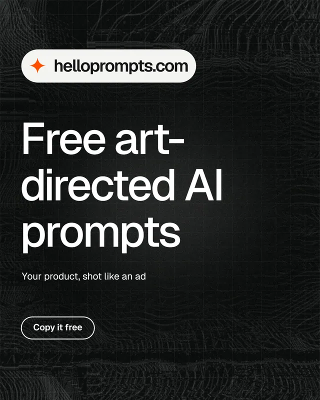 Instagram portrait post for HelloPrompts: "Free art-directed AI prompts". Phosphor atlas style, announce layout, dark palette in black, grey.