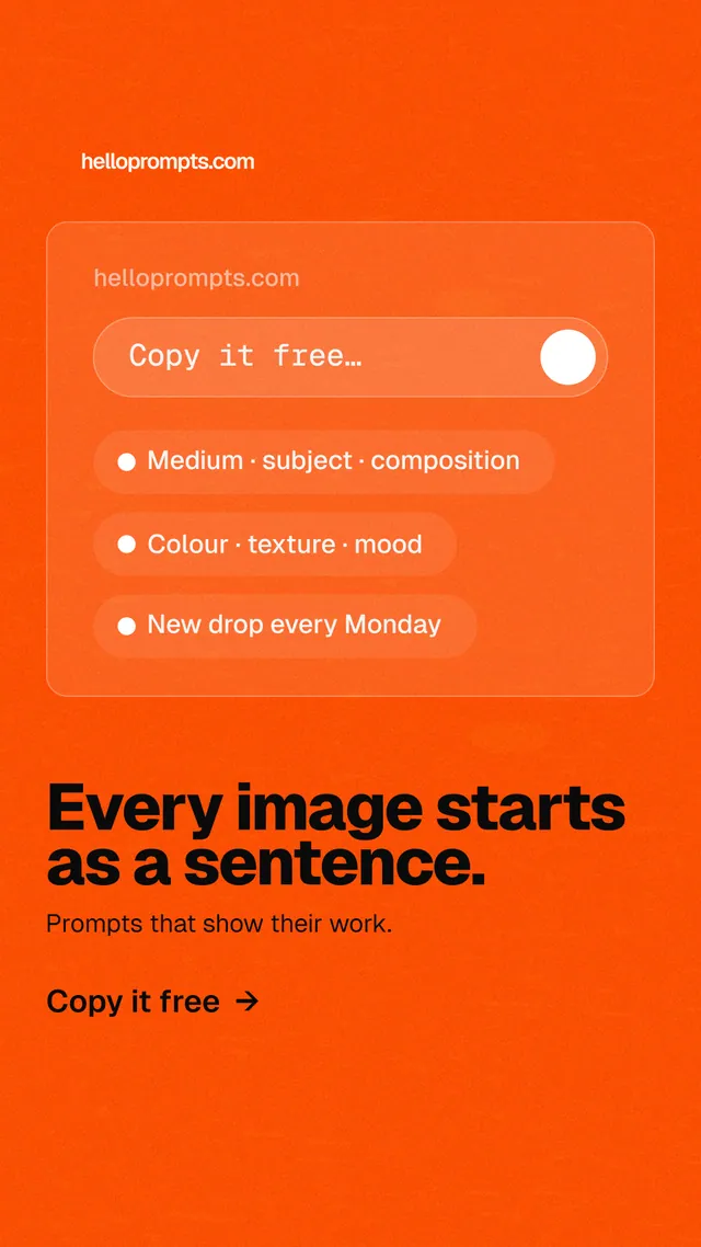 Instagram story for HelloPrompts: "Every image starts as a sentence." Turn card style, bottom layout, light palette in orange.