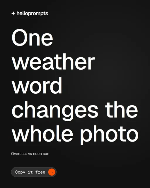 Video for HelloPrompts: "One weather word changes the whole photo". Doc motion loop, 8.0 s, dark palette.