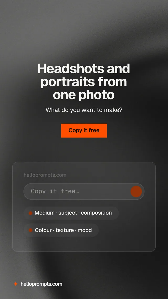 Instagram story for HelloPrompts: "Headshots and portraits from one photo". Swiss style, centred layout, dark palette in grey, black.