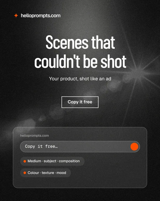 Instagram portrait post for HelloPrompts: "Scenes that couldn't be shot". Dark deco style, centred layout, dark palette in black, grey.