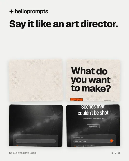 Carousel for HelloPrompts: "Say it like an art director.". Collection carousel, 8 slides, light palette.