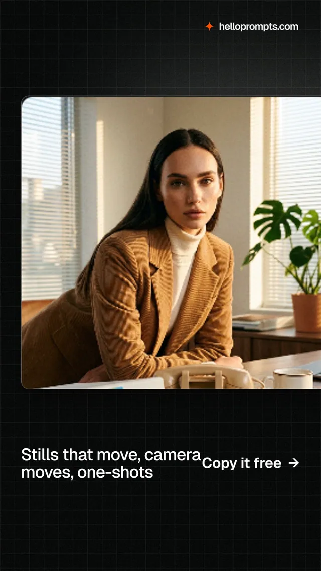 Instagram story for HelloPrompts: "Stills that move, camera moves, one-shots". Phosphor atlas style, image led layout, dark palette in orange, black.