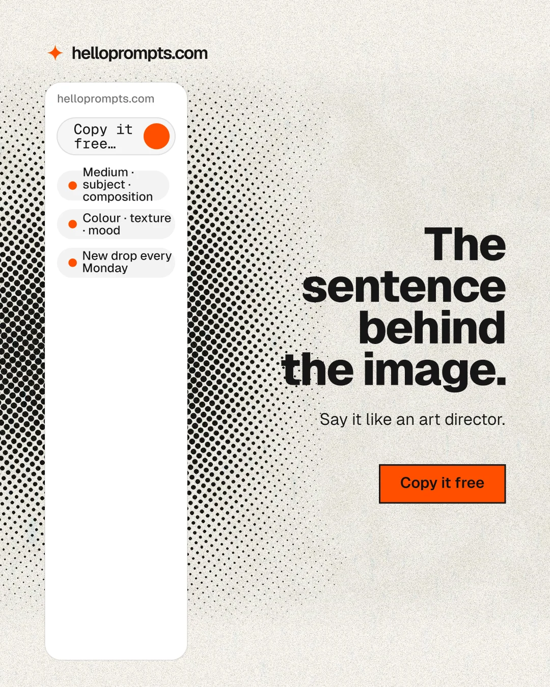 Instagram portrait post for HelloPrompts: "The sentence behind the image." Ink sticker style, right layout, light palette in white, yellow, grey.
