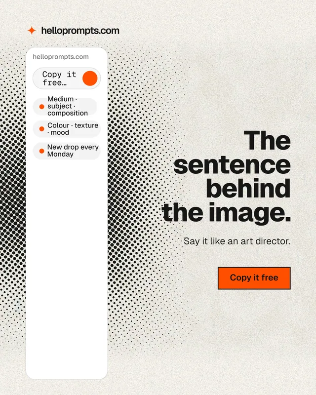 Instagram portrait post for HelloPrompts: "The sentence behind the image." Ink sticker style, right layout, light palette in white, yellow, grey.