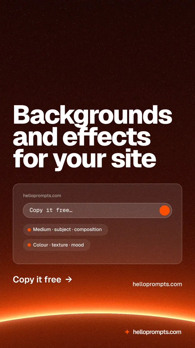 Instagram story for HelloPrompts: "Backgrounds and effects for your site". Turn card style, poster layout, dark palette in red, black, orange.