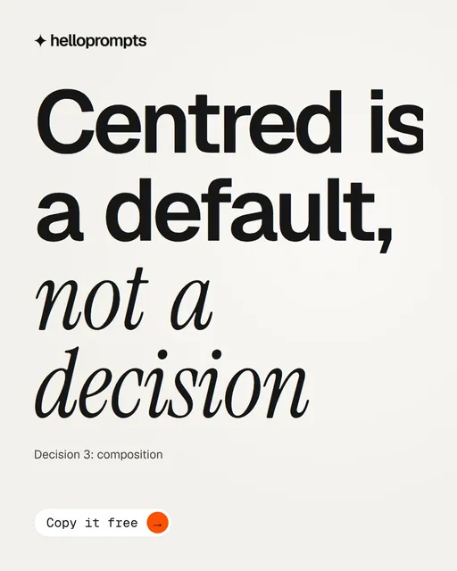 Video for HelloPrompts: "Centred is a default, not a decision". Doc motion loop, 8.0 s, light palette.