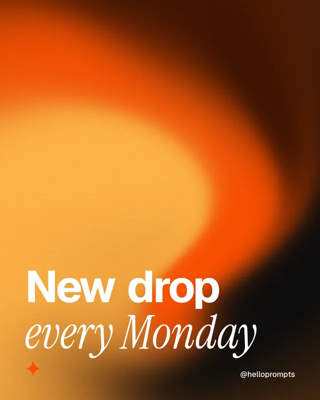 Instagram portrait post for HelloPrompts: "New drop every Monday". Auto 4x5 style, technique:shader field layout, dark palette in black, orange.