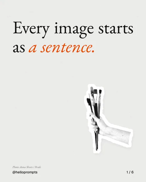 Carousel for HelloPrompts: "Every image starts as a sentence.". Cutout essay, 6 slides, light palette.