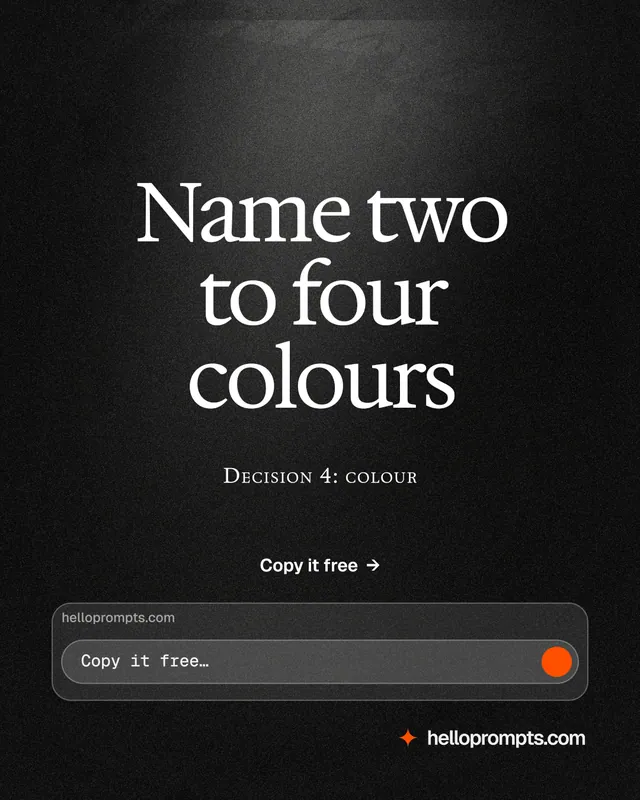 Instagram portrait post for HelloPrompts: "Name two to four colours". Dark deco style, smallcaps layout, dark palette in black, grey.