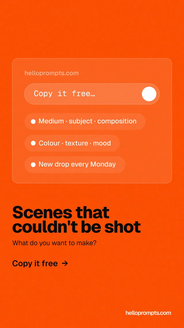 Instagram story for HelloPrompts: "Scenes that couldn't be shot". Turn card style, bottom layout, light palette in orange.