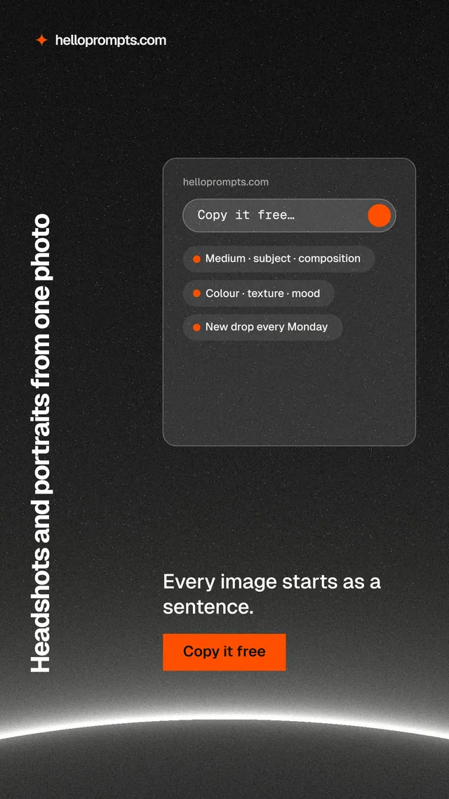 Instagram story for HelloPrompts: "Headshots and portraits from one photo". Swiss style, vertical layout, dark palette in black, grey.