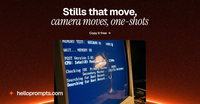 Social ad for HelloPrompts: "Stills that move, camera moves, one-shots". Swiss style, ogui layout, dark palette in black, blue, red.