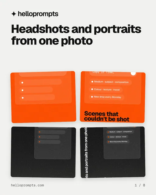 Carousel for HelloPrompts: "Headshots and portraits from one photo". Collection carousel, 8 slides, light palette.
