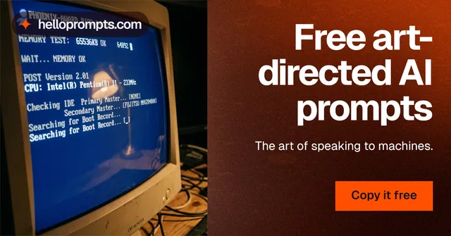 Social ad for HelloPrompts: "Free art-directed AI prompts". Swiss style, right layout, dark palette in red, black, pink.
