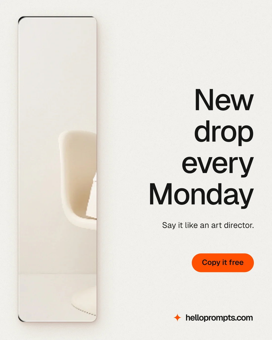 Instagram portrait post for HelloPrompts: "New drop every Monday". Data card style, right layout, light palette in white, yellow, orange.