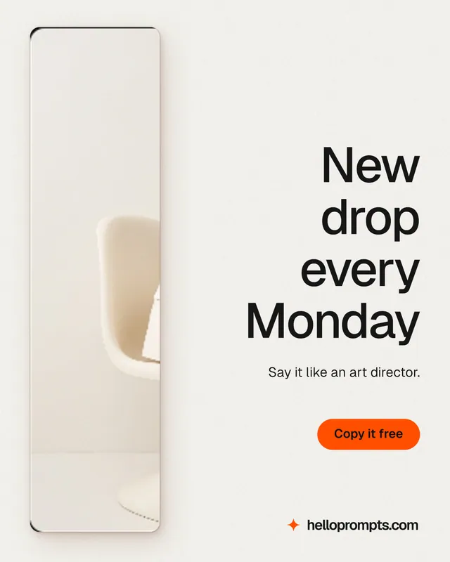 Instagram portrait post for HelloPrompts: "New drop every Monday". Data card style, right layout, light palette in white, yellow, orange.