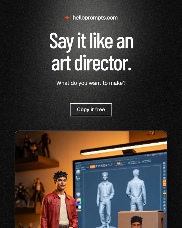Instagram portrait post for HelloPrompts: "Say it like an art director." Dark deco style, centred layout, dark palette in black, grey.