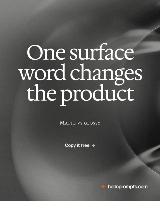 Instagram portrait post for HelloPrompts: "One surface word changes the product". Swiss style, smallcaps layout, dark palette in grey, black.