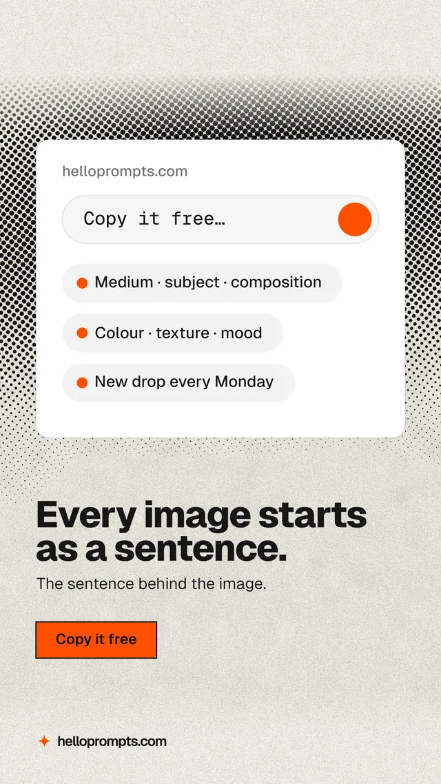 Instagram story for HelloPrompts: "Every image starts as a sentence." Ink sticker style, bottom layout, light palette in white, yellow, grey.