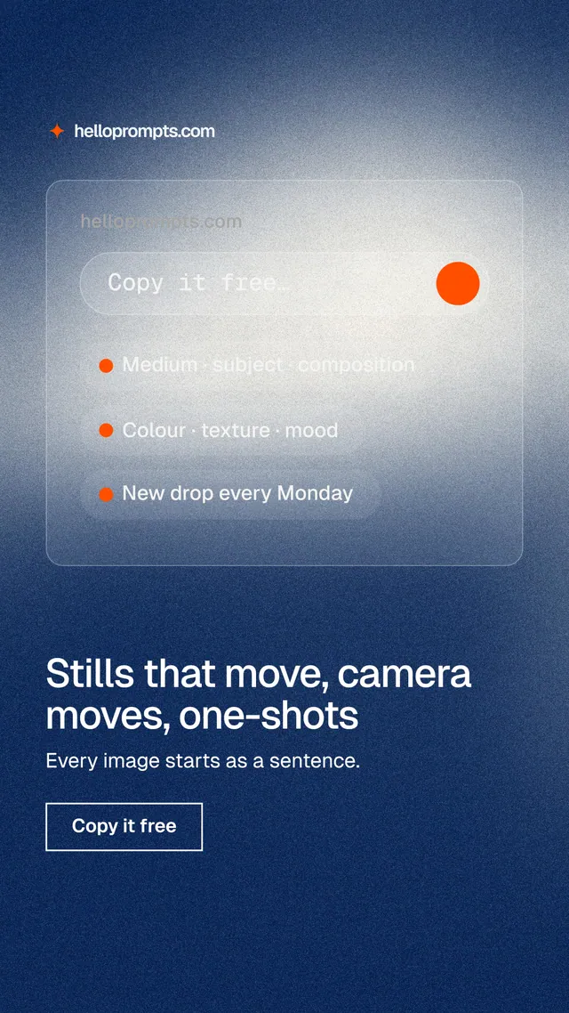 Instagram story for HelloPrompts: "Stills that move, camera moves, one-shots". Cyanotype style, bottom layout, dark palette in grey, blue.