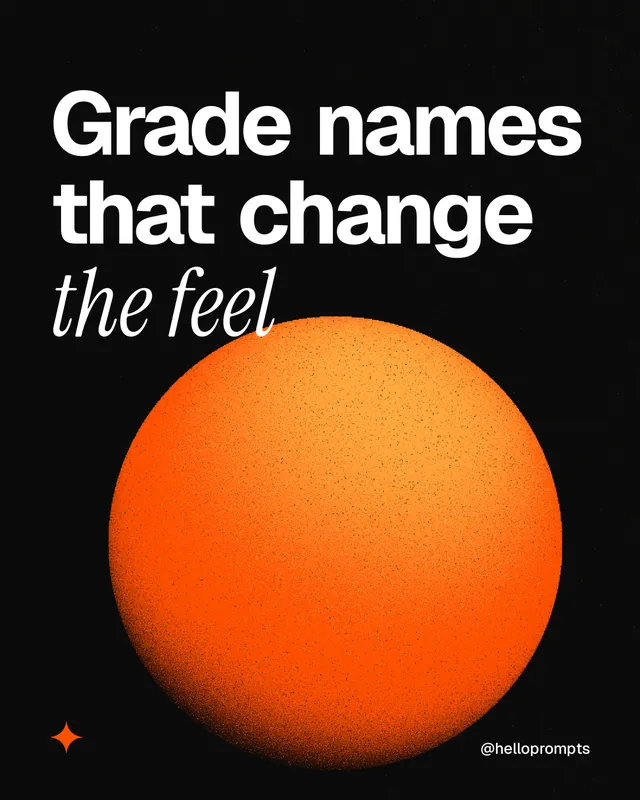Instagram portrait post for HelloPrompts: "Grade names that change the feel". Auto 4x5 style, technique:shader field layout, dark palette in black, orange.
