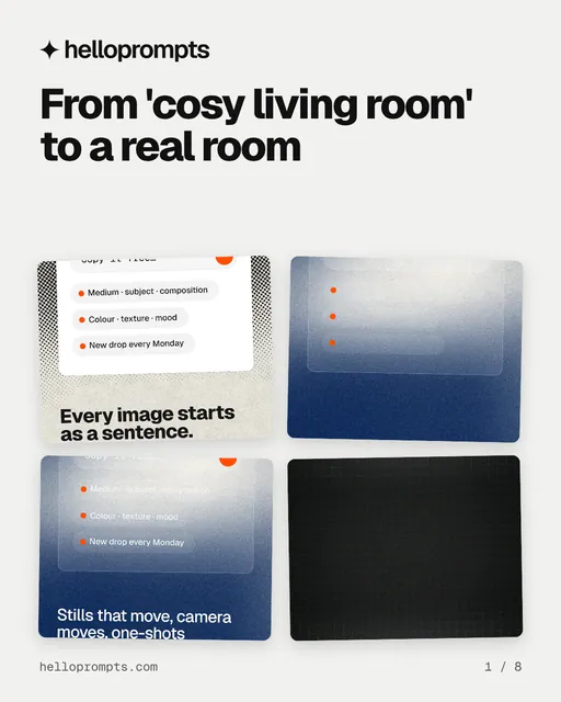 Carousel for HelloPrompts: "From 'cosy living room' to a real room". Collection carousel, 8 slides, light palette.