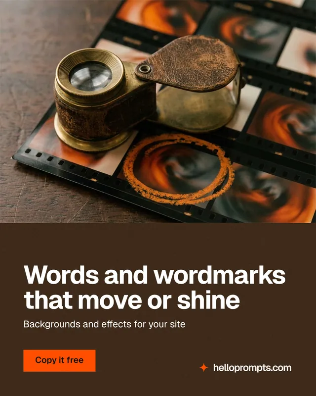 Instagram portrait post for HelloPrompts: "Words and wordmarks that move or shine". Swiss style, bottom layout, dark palette in orange, grey, black.