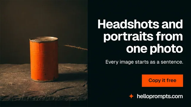 Landscape graphic for HelloPrompts: "Headshots and portraits from one photo". Swiss style, right layout, dark palette in black, orange.