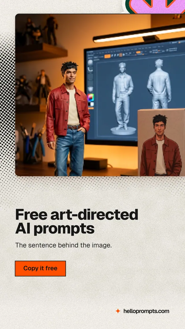 Instagram story for HelloPrompts: "Free art-directed AI prompts". Ink sticker style, bottom layout, light palette in yellow, grey, red.