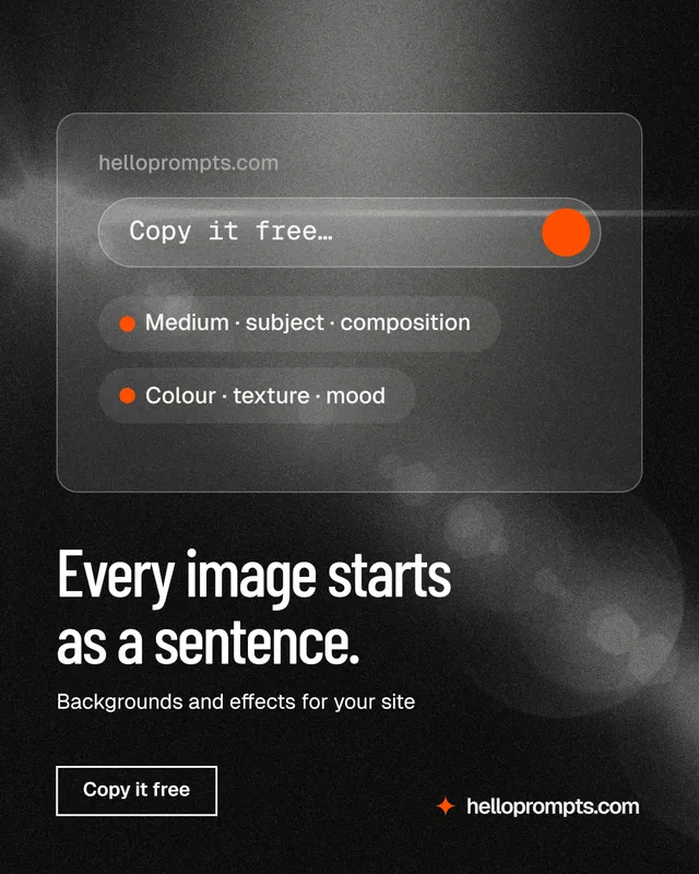 Instagram portrait post for HelloPrompts: "Every image starts as a sentence." Dark deco style, bottom layout, dark palette in black, grey.