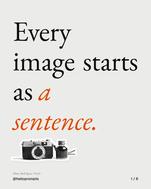 Carousel for HelloPrompts: "Every image starts as a sentence.". Cutout essay, 6 slides, light palette.