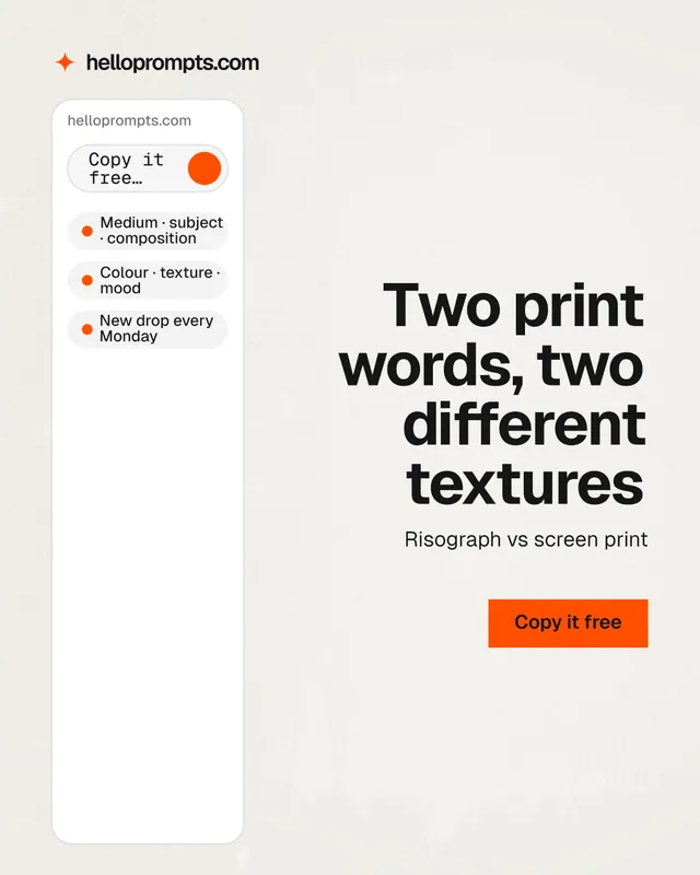 Instagram portrait post for HelloPrompts: "Two print words, two different textures". Swiss style, right layout, light palette in white, grey.