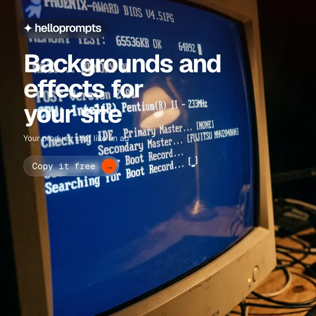 Video for HelloPrompts: "Backgrounds and effects for your site". Doc motion loop, 6.0 s, dark palette.