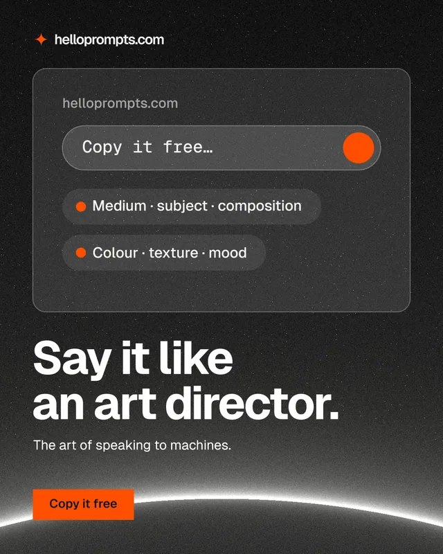 Instagram portrait post for HelloPrompts: "Say it like an art director." Swiss style, bottom layout, dark palette in black, grey.