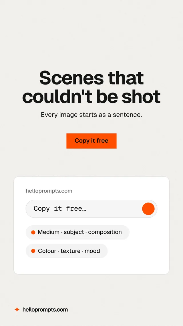 Instagram story for HelloPrompts: "Scenes that couldn't be shot". Swiss style, centred layout, light palette in white.