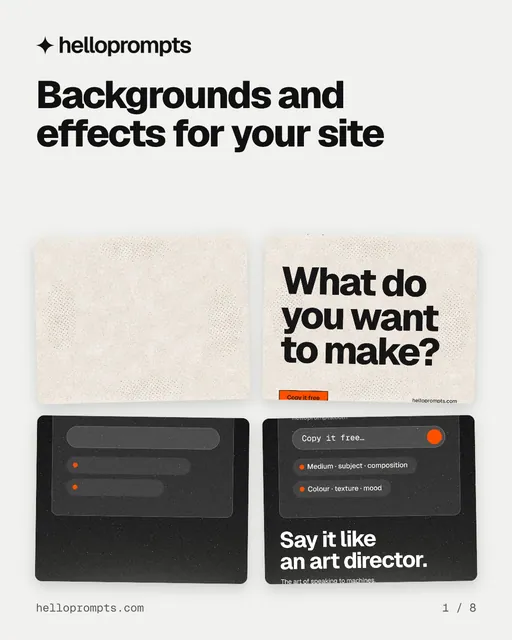 Carousel for HelloPrompts: "Backgrounds and effects for your site". Collection carousel, 8 slides, light palette.