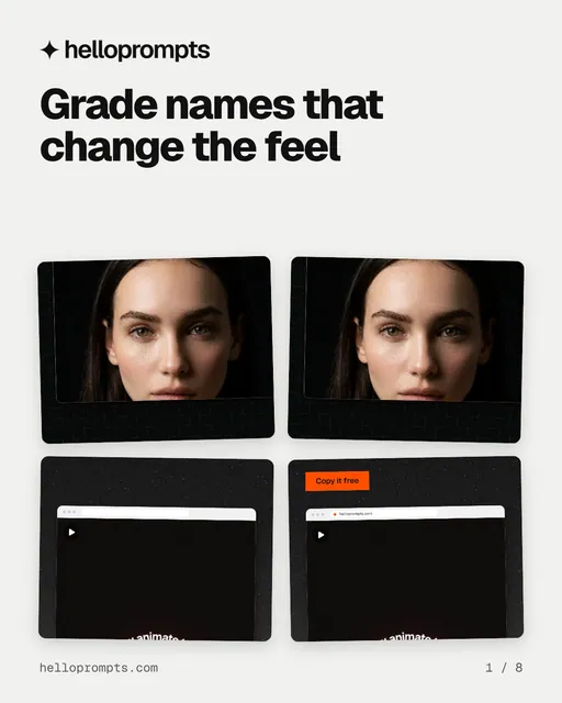Carousel for HelloPrompts: "Grade names that change the feel". Collection carousel, 8 slides, light palette.