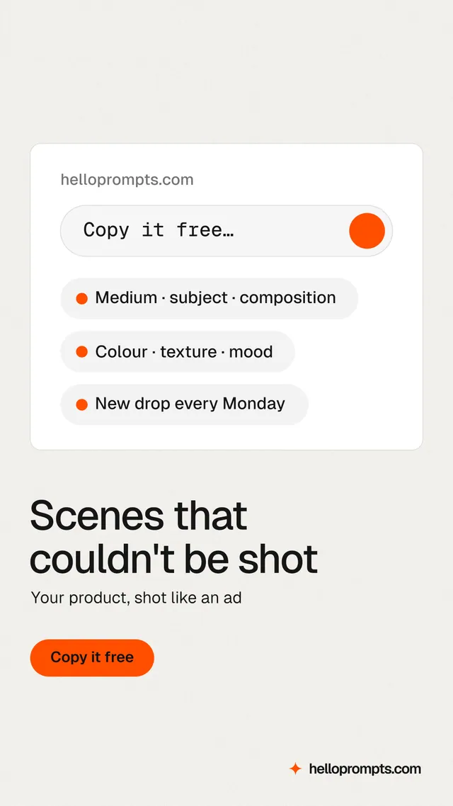 Instagram story for HelloPrompts: "Scenes that couldn't be shot". Data card style, bottom layout, light palette in white, orange.