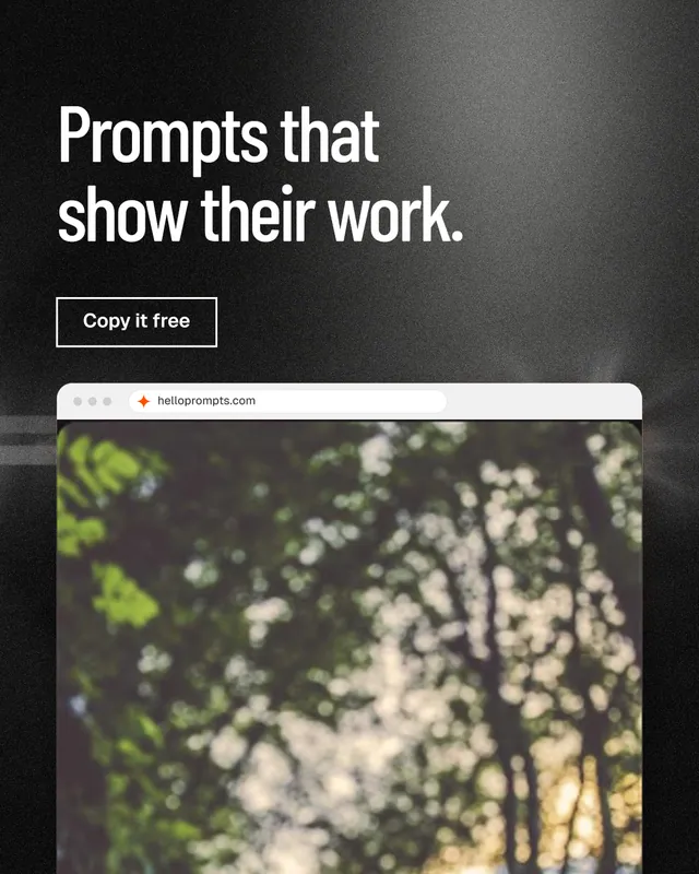 Instagram portrait post for HelloPrompts: "Prompts that show their work." Dark deco style, browser layout, dark palette in black, grey, yellow.