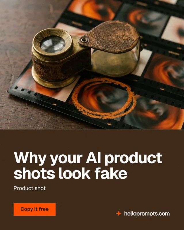 Instagram portrait post for HelloPrompts: "Why your AI product shots look fake". Swiss style, bottom layout, dark palette in orange, black, grey.