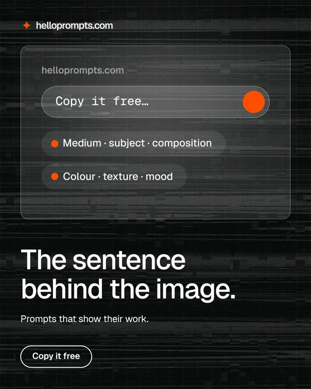 Instagram portrait post for HelloPrompts: "The sentence behind the image." Phosphor atlas style, bottom layout, dark palette in black, grey.